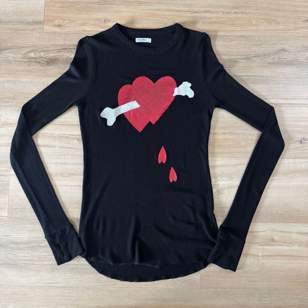 Lauren Moshi Black Long Sleeve Fitted Thermal Heart Graphic Size Small Designer